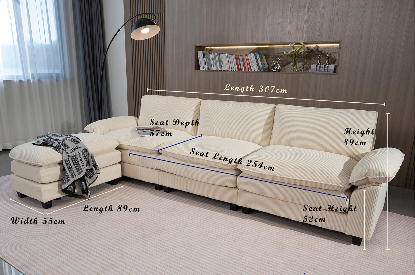 Comforro CARRINGTON Corduroy Fabric 3 Seater Couch Sofa with Ottoman